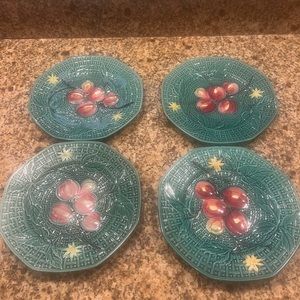 4 Vintage LDBC Majolica Plates Hand Painted Peach Green Basket Weave Germany 8.5